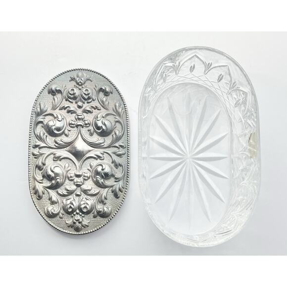 1990s Atlantis “Chartres” Crystal Oval Box & Silverplate Lid 7” Signed - Picture 4 of 12